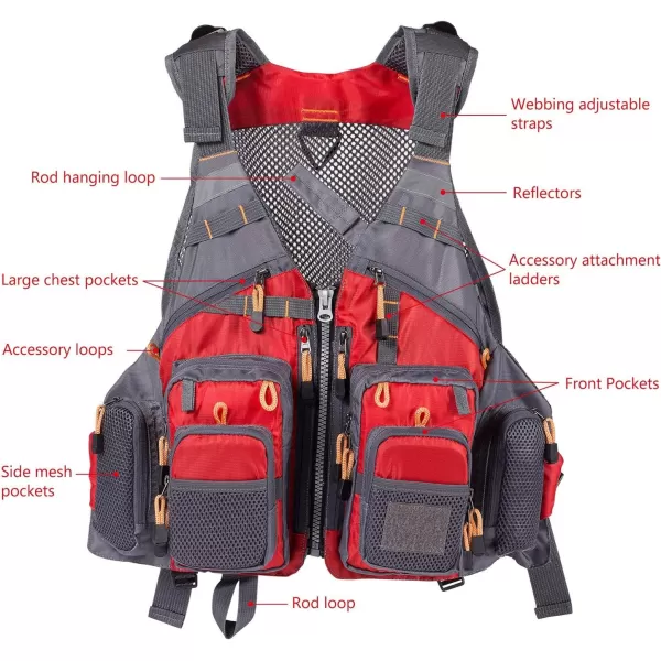 BASSDASH Strap Fishing Vest Adjustable for Men and Women for Fly Bass Fishing and Outdoor ActivitiesRed