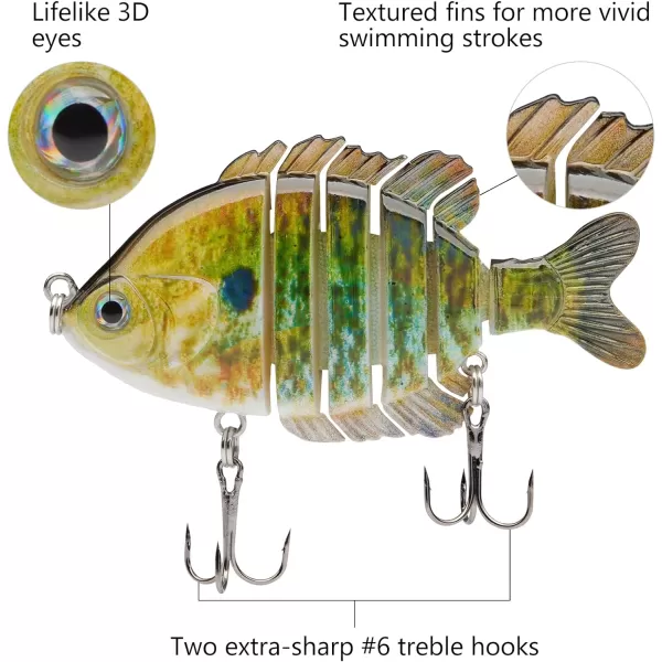 BASSDASH SwimPanfish Multi Jointed Panfish Bluegill Swimbaits Hard Topwater Bass Lures Fishing Lure Crank Saltwater 35in085ozBlueGold Pumpkinseed