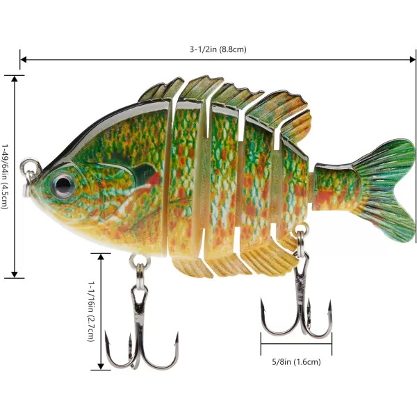 BASSDASH SwimPanfish Multi Jointed Panfish Bluegill Swimbaits Hard Topwater Bass Lures Fishing Lure Crank Saltwater 35in085ozGreenOrange Pumpkinseed