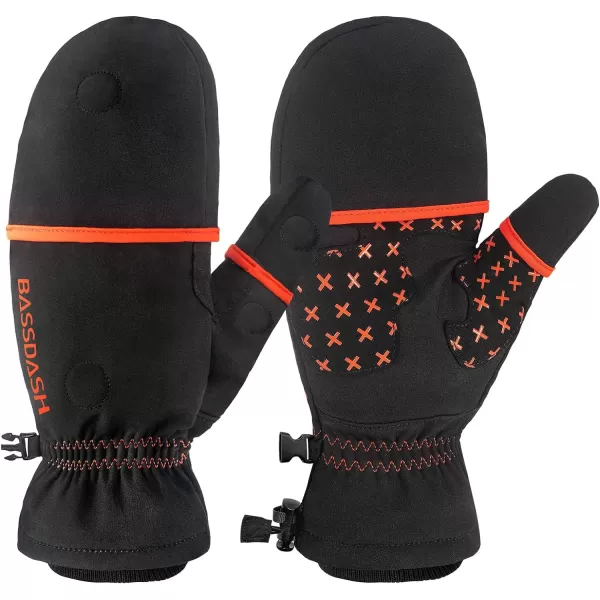 BASSDASH WinteFlex Insulated Ice Fishing Mittens Cold Weather Fingerless Gloves Water Resistant for Men Women HuntingBlack