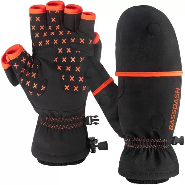 BASSDASH WinteFlex Insulated Ice Fishing Mittens Cold Weather Fingerless Gloves Water Resistant for Men Women HuntingBlack