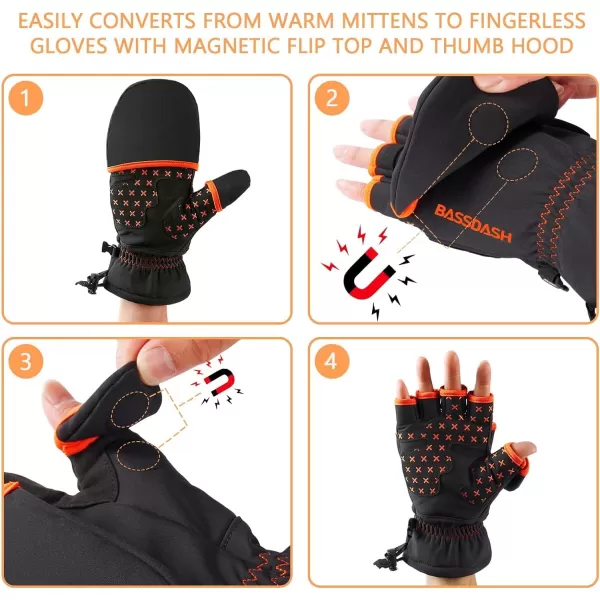 BASSDASH WinteFlex Insulated Ice Fishing Mittens Cold Weather Fingerless Gloves Water Resistant for Men Women HuntingBlack