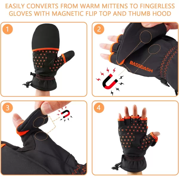 BASSDASH WinteFlex Insulated Ice Fishing Mittens Cold Weather Fingerless Gloves Water Resistant for Men Women HuntingBlack