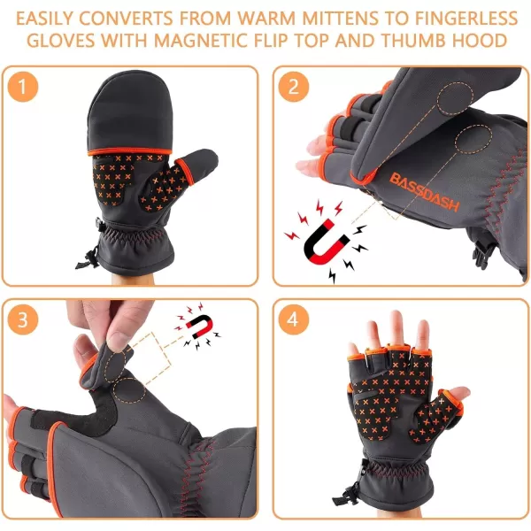 BASSDASH WinteFlex Insulated Ice Fishing Mittens Cold Weather Fingerless Gloves Water Resistant for Men Women HuntingGreyBlack