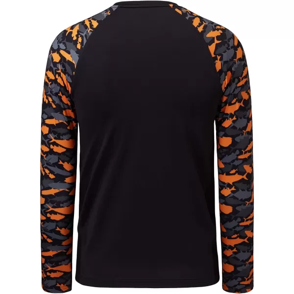 BASSDASH Youth UPF50 Camo Long Sleeve Fishing Shirt UV Protection Quick Dry TeeBlackBlack  Orange Fishes