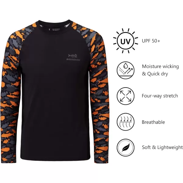 BASSDASH Youth UPF50 Camo Long Sleeve Fishing Shirt UV Protection Quick Dry TeeBlackBlack  Orange Fishes