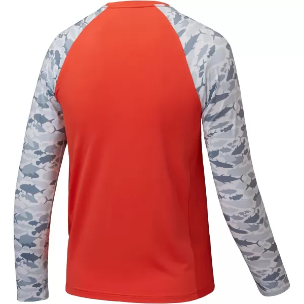 BASSDASH Youth UPF50 Camo Long Sleeve Fishing Shirt UV Protection Quick Dry TeeCoral RedGrey Fishes