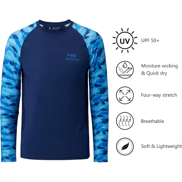 BASSDASH Youth UPF50 Camo Long Sleeve Fishing Shirt UV Protection Quick Dry TeeDark BlueBlue Fishes