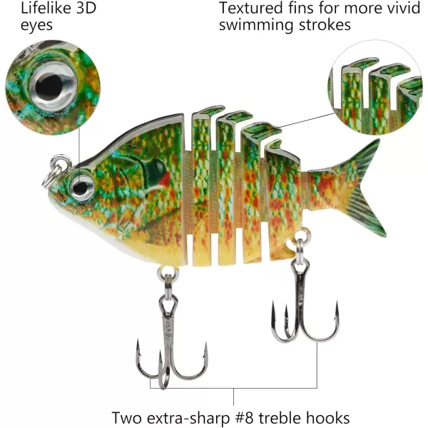 Bassdash SwimPanfish 25034oz Hard Bluegill Swimbaits Multi Jointed Topwater Trout Bass Fishing Crank Lure for Freshwater and SaltwaterGreenOrange Pumpkinseed