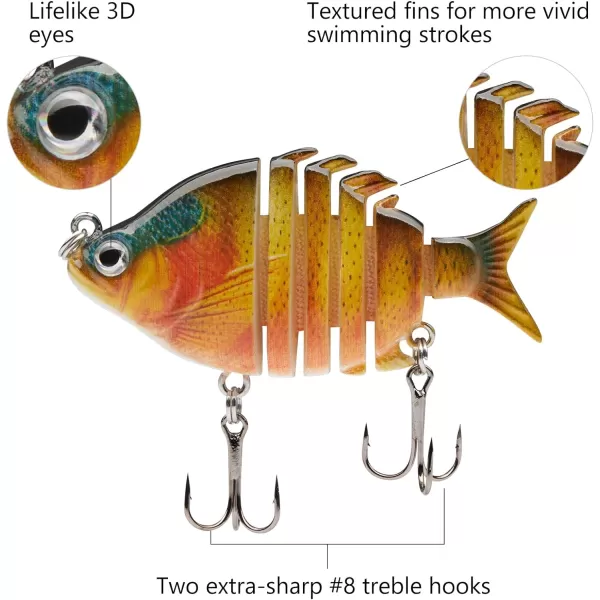 Bassdash SwimPanfish 25034oz Hard Bluegill Swimbaits Multi Jointed Topwater Trout Bass Fishing Crank Lure for Freshwater and SaltwaterOrange Sunfish