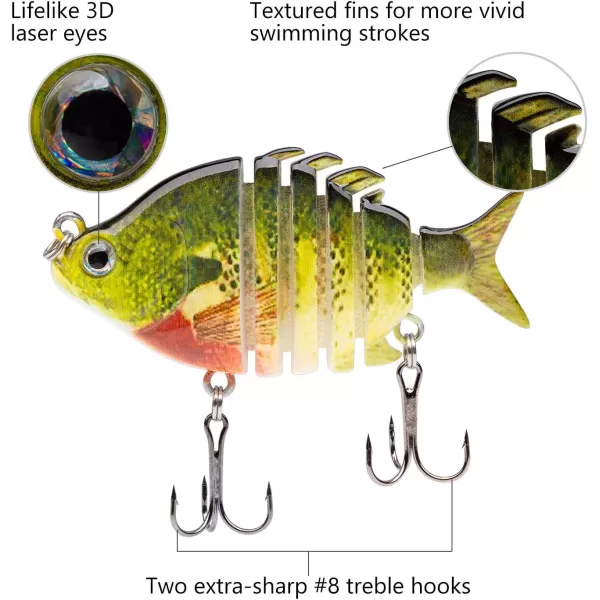 Bassdash SwimPanfish 25034oz Hard Bluegill Swimbaits Multi Jointed Topwater Trout Bass Fishing Crank Lure for Freshwater and SaltwaterPack of 4 Colors BLPR