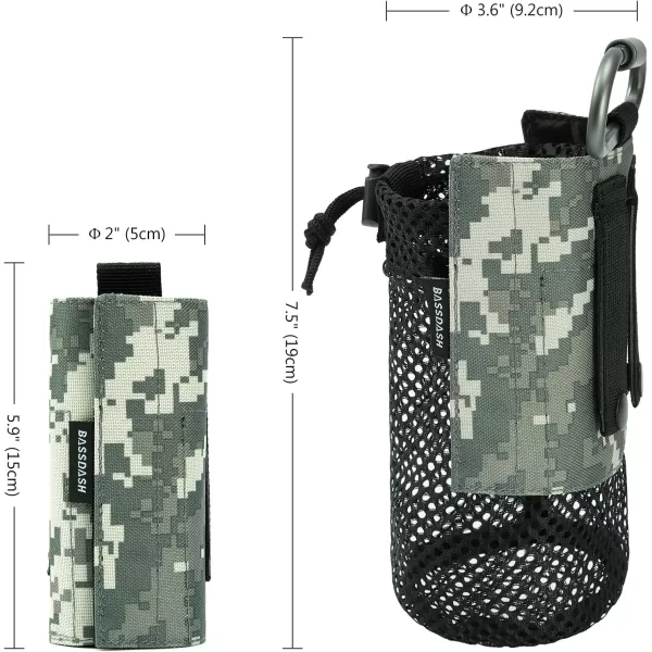 Bassdash Tactical Molle Water Bottle Pouch with Carabiner Foldable Mesh Holder Bag for Travel Fishing Hunting Hiking Outdoor ActivitiesArmy Green  Jungle Camo  Pack of 2