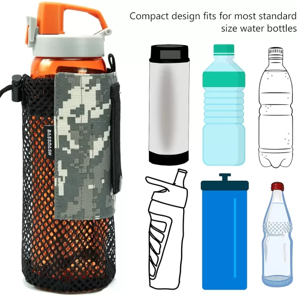 Bassdash Tactical Molle Water Bottle Pouch with Carabiner Foldable Mesh Holder Bag for Travel Fishing Hunting Hiking Outdoor ActivitiesArmy Green  Jungle Camo  Pack of 2