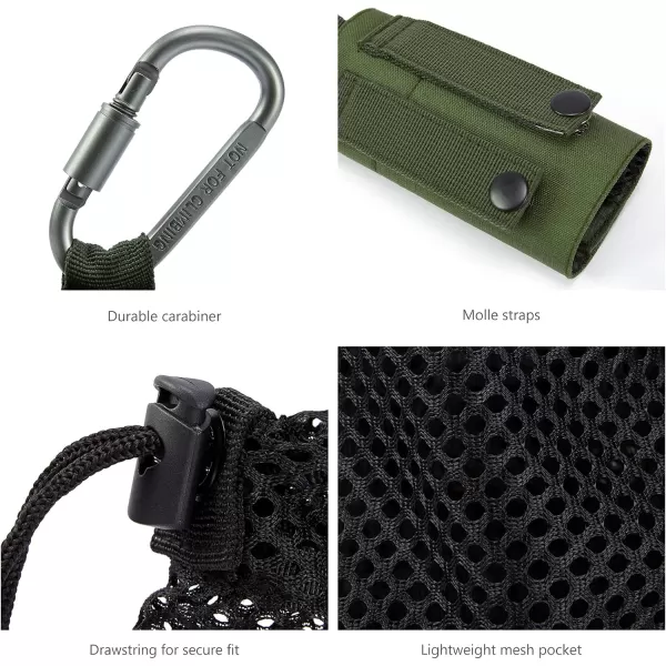 Bassdash Tactical Molle Water Bottle Pouch with Carabiner Foldable Mesh Holder Bag for Travel Fishing Hunting Hiking Outdoor ActivitiesArmy Green with Molle Straps  Pack of 2