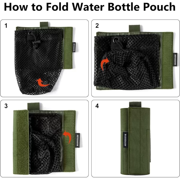 Bassdash Tactical Molle Water Bottle Pouch with Carabiner Foldable Mesh Holder Bag for Travel Fishing Hunting Hiking Outdoor ActivitiesArmy Green with Molle Straps