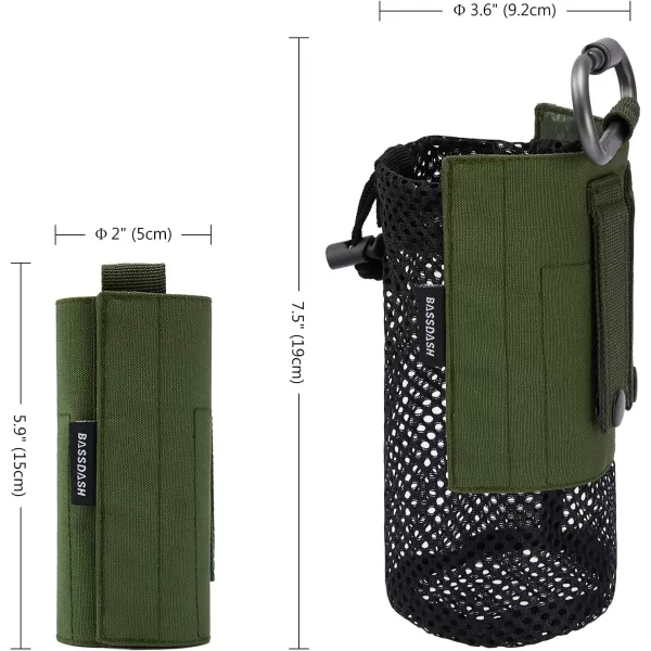 Bassdash Tactical Molle Water Bottle Pouch with Carabiner Foldable Mesh Holder Bag for Travel Fishing Hunting Hiking Outdoor ActivitiesArmy Green with Molle Straps  Pack of 2