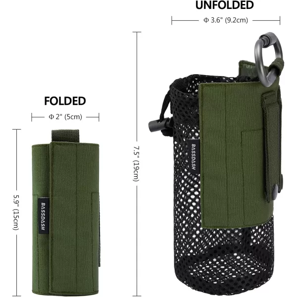 Bassdash Tactical Molle Water Bottle Pouch with Carabiner Foldable Mesh Holder Bag for Travel Fishing Hunting Hiking Outdoor ActivitiesArmy Green with Molle Straps