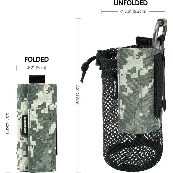 Bassdash Tactical Molle Water Bottle Pouch with Carabiner Foldable Mesh Holder Bag for Travel Fishing Hunting Hiking Outdoor ActivitiesJungle Camo with Molle Straps