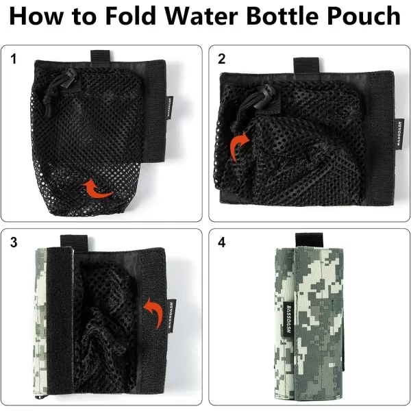 Bassdash Tactical Molle Water Bottle Pouch with Carabiner Foldable Mesh Holder Bag for Travel Fishing Hunting Hiking Outdoor ActivitiesJungle Camo with Molle Straps