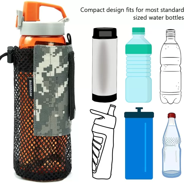 Bassdash Tactical Molle Water Bottle Pouch with Carabiner Foldable Mesh Holder Bag for Travel Fishing Hunting Hiking Outdoor ActivitiesJungle Camo with Molle Straps