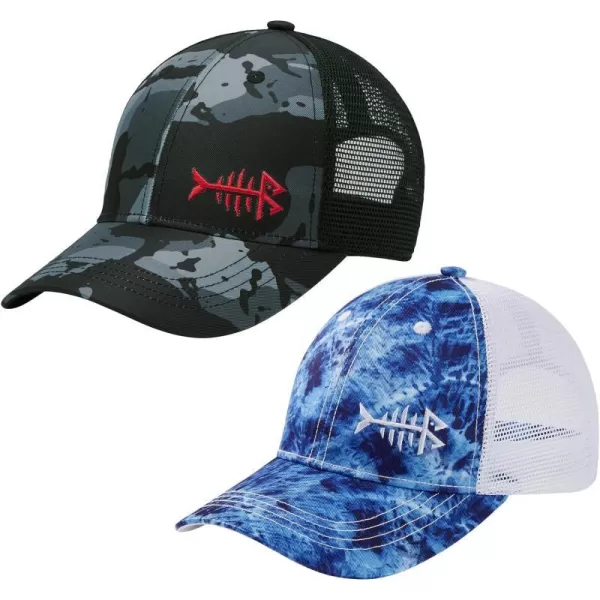 BASSDASH 2 Pack Altimate Fishing Hunting Hat Mesh Back for Men Women Adjustable Baseball Trucker Cap Camo Blaze OrangeBlack Camo  Blue Camo