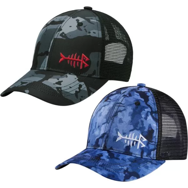 BASSDASH 2 Pack Altimate Fishing Hunting Hat Mesh Back for Men Women Adjustable Baseball Trucker Cap Camo Blaze OrangeBlack Camo  BlueBlack Camo