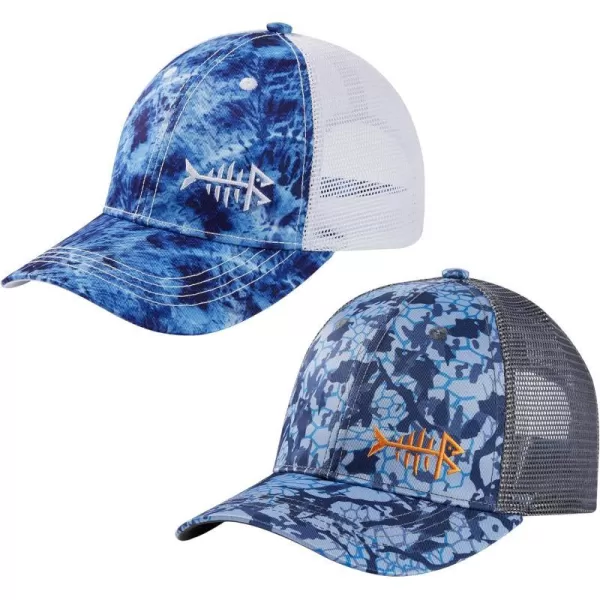 BASSDASH 2 Pack Altimate Fishing Hunting Hat Mesh Back for Men Women Adjustable Baseball Trucker Cap Camo Blaze OrangeBlue Camo  Blue Scales