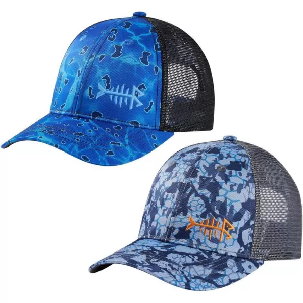 BASSDASH 2 Pack Altimate Fishing Hunting Hat Mesh Back for Men Women Adjustable Baseball Trucker Cap Camo Blaze OrangeBlueBlack Camo  Blue Scales