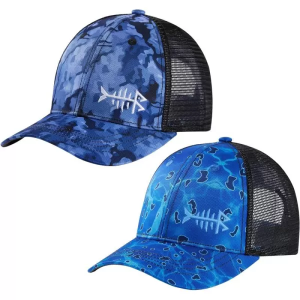 BASSDASH 2 Pack Altimate Fishing Hunting Hat Mesh Back for Men Women Adjustable Baseball Trucker Cap Camo Blaze OrangeBlueBlack Camo  Rippled Sea