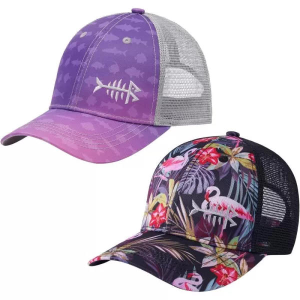 BASSDASH 2 Pack Altimate Fishing Hunting Hat Mesh Back for Men Women Adjustable Baseball Trucker Cap Camo Blaze OrangeGradient Purple  Black Flamingo