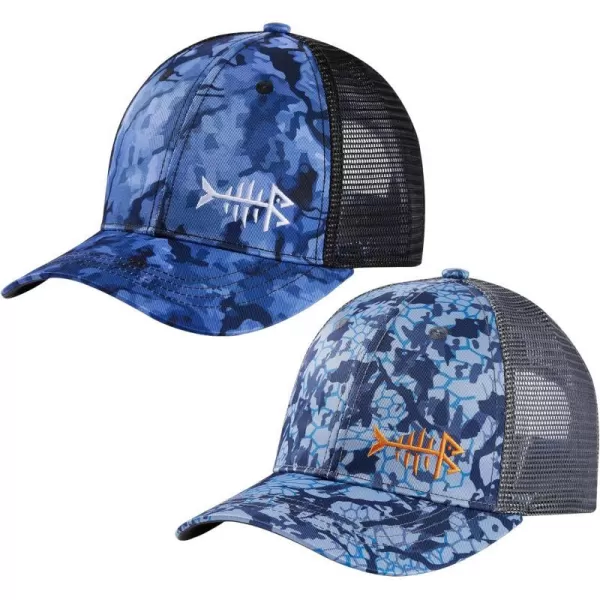 BASSDASH 2 Pack Altimate Fishing Hunting Hat Mesh Back for Men Women Adjustable Baseball Trucker Cap Camo Blaze OrangeRippled Sea  Blue Scales