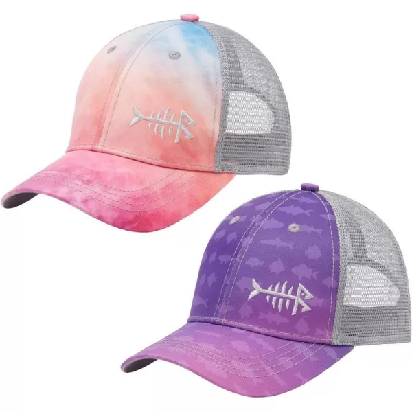 BASSDASH 2 Pack Altimate Fishing Hunting Hat Mesh Back for Men Women Adjustable Baseball Trucker Cap Camo Blaze OrangeRosy Clouds  Gradient Purple