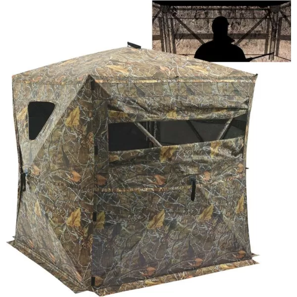 BASSDASH Hunting Blind 270 Degree OneWay See Through 2 Person Portable Pop Up Ground Hunting Tent with Detachable Blackout Wall Curtain Frame Door Carrying Backpack for Deer Turkey HuntingAutumn Forest