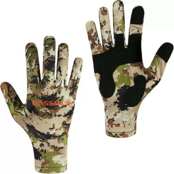 BASSDASH Mens Camo Hunting Gloves UPF 50 Lightweight Touchscreen Gloves for Warm Weather Fishing Hiking Outdoor Activities HG01MHighland