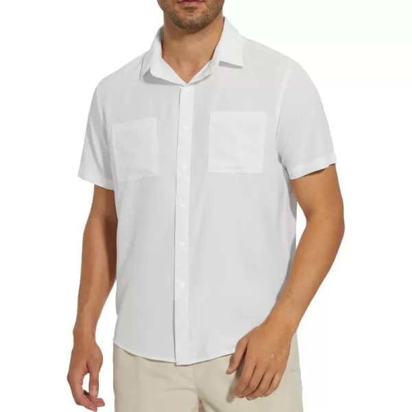 BASSDASH Mens UPF 50 Short Sleeve Snap Button Down Shirt Regular Fit Woven Two Pockets Casual Dress ShirtsWhite