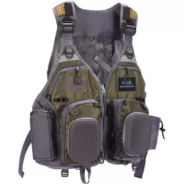 BASSDASH Strap Fishing Vest Adjustable for Men and Women for Fly Bass Fishing and Outdoor ActivitiesArmy Green With Hard Shell Flies Pockets