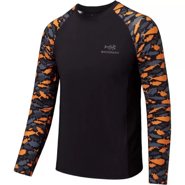 BASSDASH Youth UPF50 Camo Long Sleeve Fishing Shirt UV Protection Quick Dry TeeBlackBlack  Orange Fishes