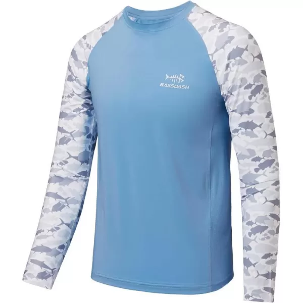 BASSDASH Youth UPF50 Camo Long Sleeve Fishing Shirt UV Protection Quick Dry TeeCarolinaGrey Fishes