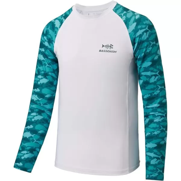 BASSDASH Youth UPF50 Camo Long Sleeve Fishing Shirt UV Protection Quick Dry TeeWhiteGreen Fishes