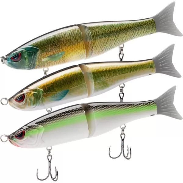 Bassdash SwimShad Glide Baits Jointed Swimbait Bass Pike Salmon Trout Muskie Fishing Lure3PackFluorescent White Shad Emerald Shiner Lake Chub