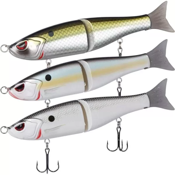 Bassdash SwimShad Glide Baits Jointed Swimbait Bass Pike Salmon Trout Muskie Fishing Lure3PackWhite Shad  Threadfin  Blue Gold