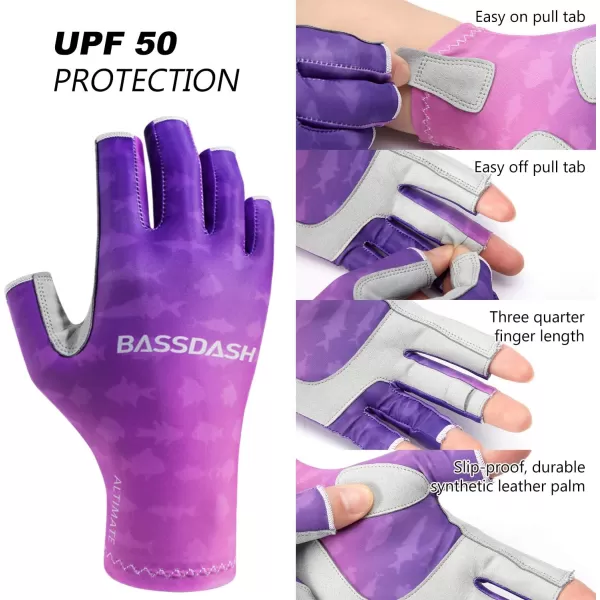 BASSDASH ALTIMATE UPF 50 Womens Fishing Gloves UV Sun Protection Fingerless Gloves for Kayaking Paddling Hiking Cycling Driving Shooting TrainingGradient Purple