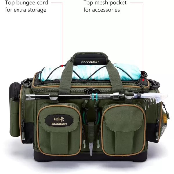 BASSDASH Fishing Tackle Shoulder Bag Water Resistant Lightweight Gear Storage Pack with Hard Molded Bottom Rain CoverArmy Green