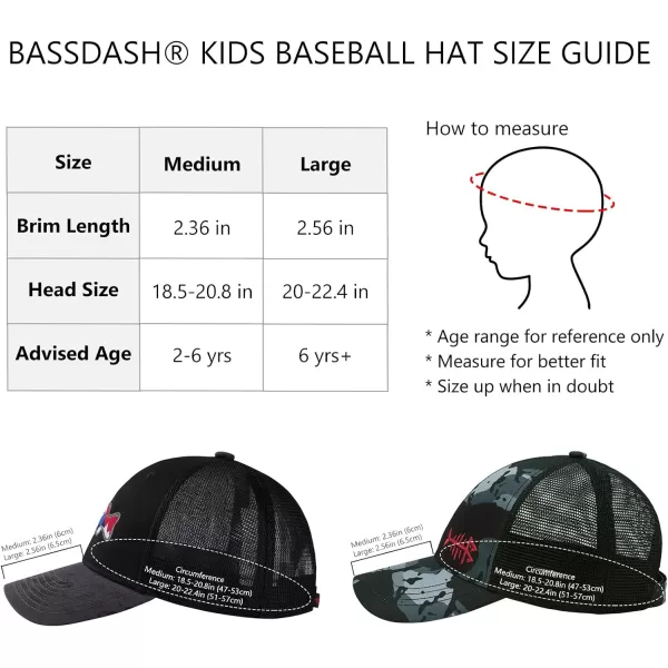 BASSDASH Kids Youth Fishing Sun Hat Mesh Back Adjustable Baseball Trucker Cap for Boys Girls Toddler 2 PackBlack and Grey  Black Camo