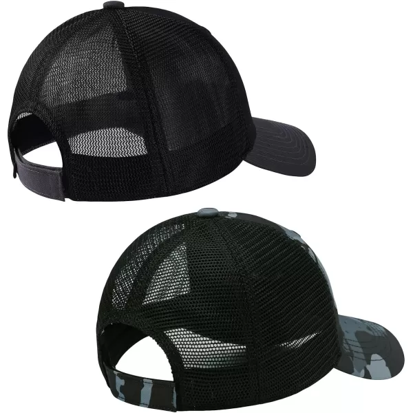 BASSDASH Kids Youth Fishing Sun Hat Mesh Back Adjustable Baseball Trucker Cap for Boys Girls Toddler 2 PackBlack and Grey  Black Camo