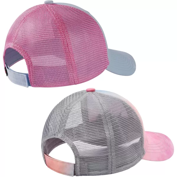 BASSDASH Kids Youth Fishing Sun Hat Mesh Back Adjustable Baseball Trucker Cap for Boys Girls Toddler 2 PackIce Blue and Pink  Rosy Clouds