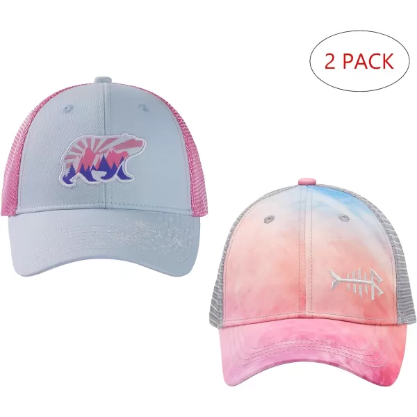 BASSDASH Kids Youth Fishing Sun Hat Mesh Back Adjustable Baseball Trucker Cap for Boys Girls Toddler 2 PackIce Blue and Pink  Rosy Clouds