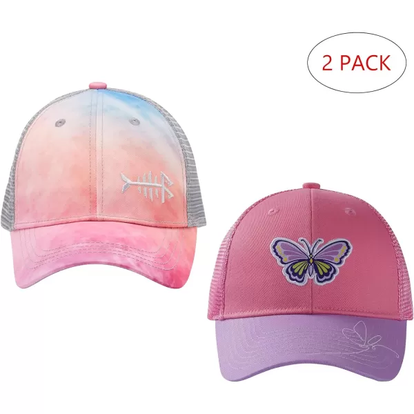 BASSDASH Kids Youth Fishing Sun Hat Mesh Back Adjustable Baseball Trucker Cap for Boys Girls Toddler 2 PackRosy Clouds  Coral Pink and Purple