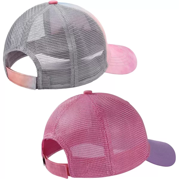 BASSDASH Kids Youth Fishing Sun Hat Mesh Back Adjustable Baseball Trucker Cap for Boys Girls Toddler 2 PackRosy Clouds  Coral Pink and Purple