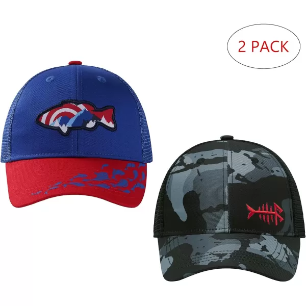 BASSDASH Kids Youth Fishing Sun Hat Mesh Back Adjustable Baseball Trucker Cap for Boys Girls Toddler 2 PackRoyal Blue and Red  Black Camo